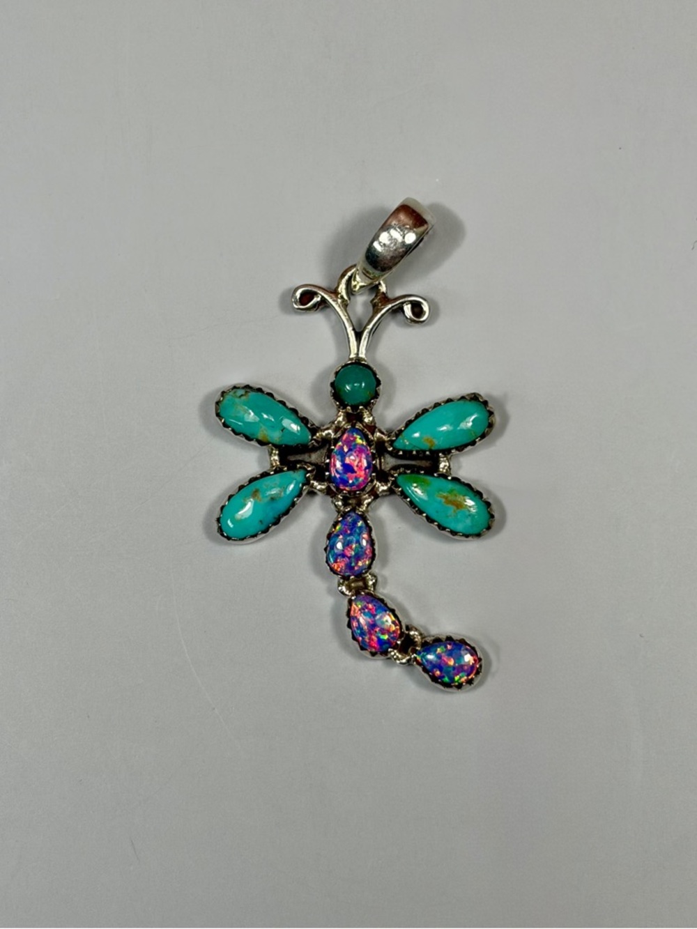 925 Kingman Turquoise & Opal Sterling Silver Dragonfly Pendant